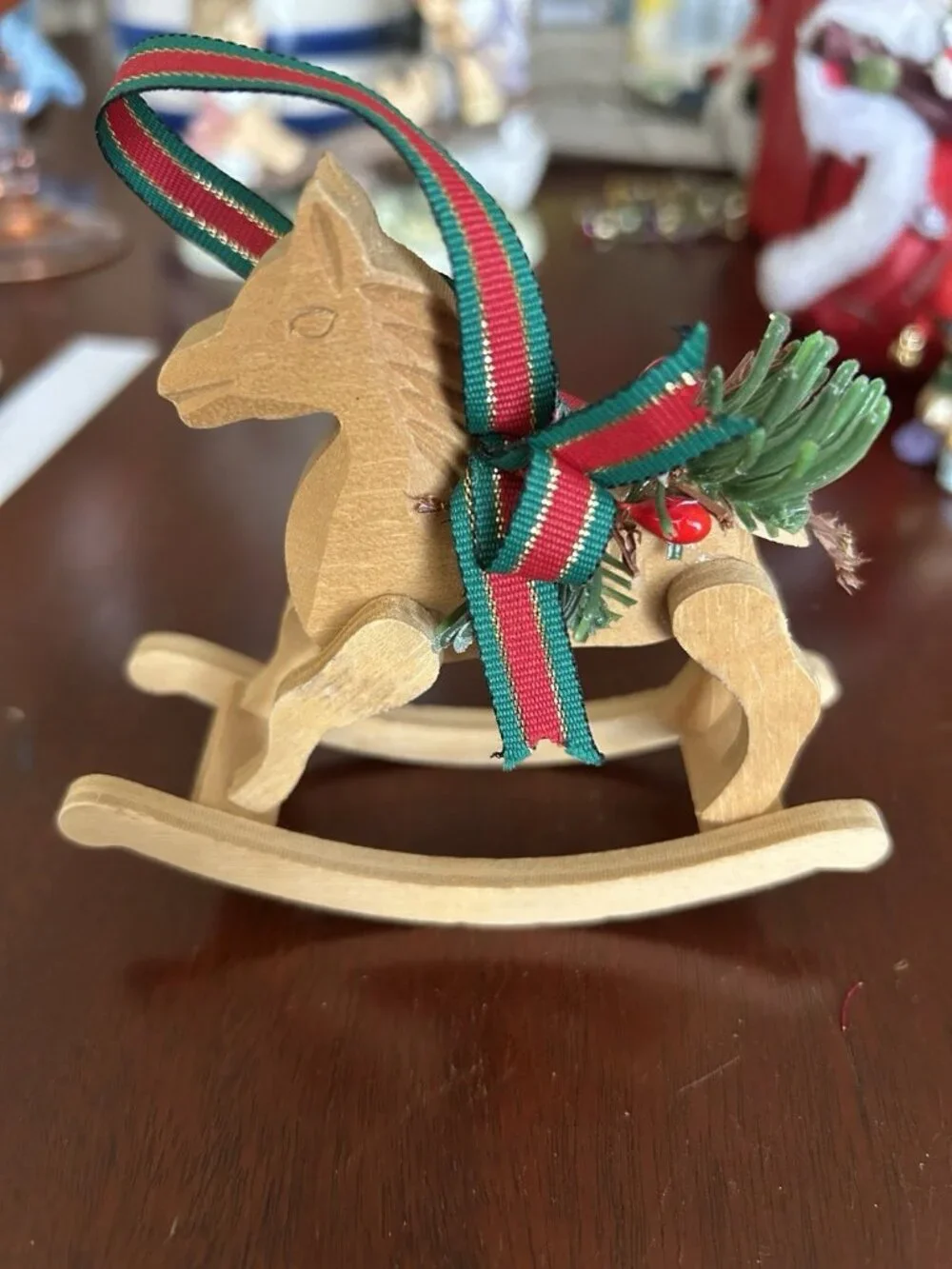 Wood Rocking Horse and Santa Ornaments Set of 2